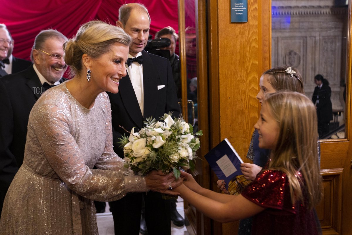 Prince Edward, Earl of Wessex and Sophie, Countess of Wessex meet Beatrice Ann Mansfield,10, and Sophie Colassanti, 11, as they attend the Royal Variety Performance at the Royal Albert Hall on December 1, 2022 in London, England