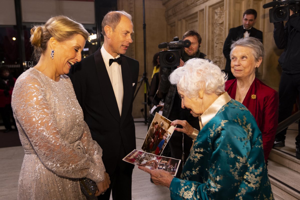 Prince Edward, Earl of Wessex and Sophie, Countess of Wessex meet Joan Williams, ex royal photographer and resident of the Royal Variety's care home, as they attend the Royal Variety Performance at the Royal Albert Hall on December 1, 2022 in London, England