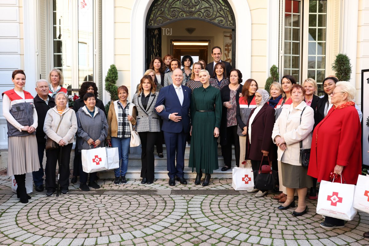 Camille Gottlieb, Prince Albert II of Monaco and Princess Charlene of Monaco attend the Red Cross Christmas gifts distribution at Monaco Palace on November 16, 2022 in Monte-Carlo, Monaco