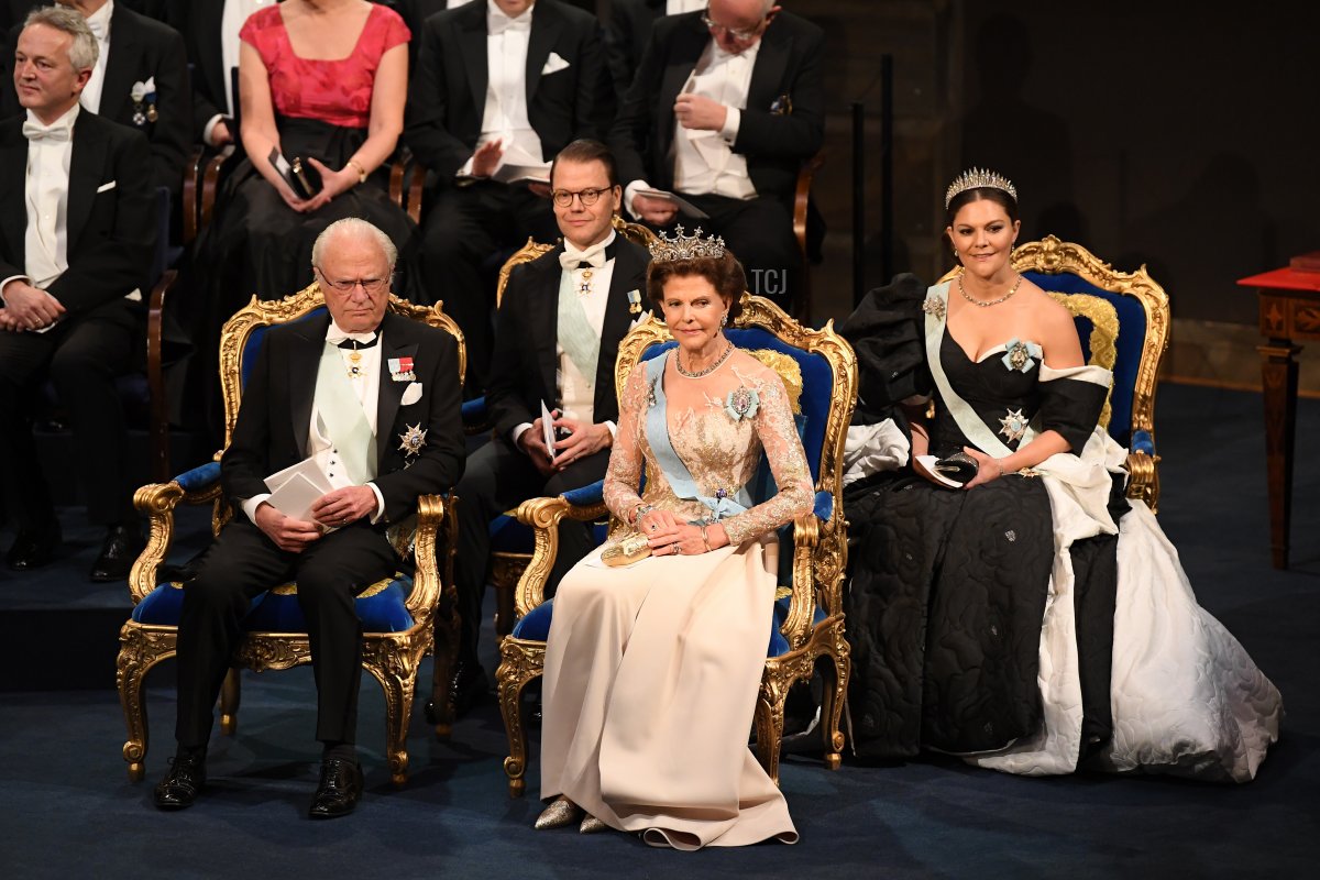 King Carl XVI Gustaf of Sweden, Prince Daniel of Sweden, Queen Silvia of Sweden and Crown Princess Victoria of Sweden attend the Nobel Prize Awards Ceremony at Concert Hall on December 10, 2019 in Stockholm, Sweden