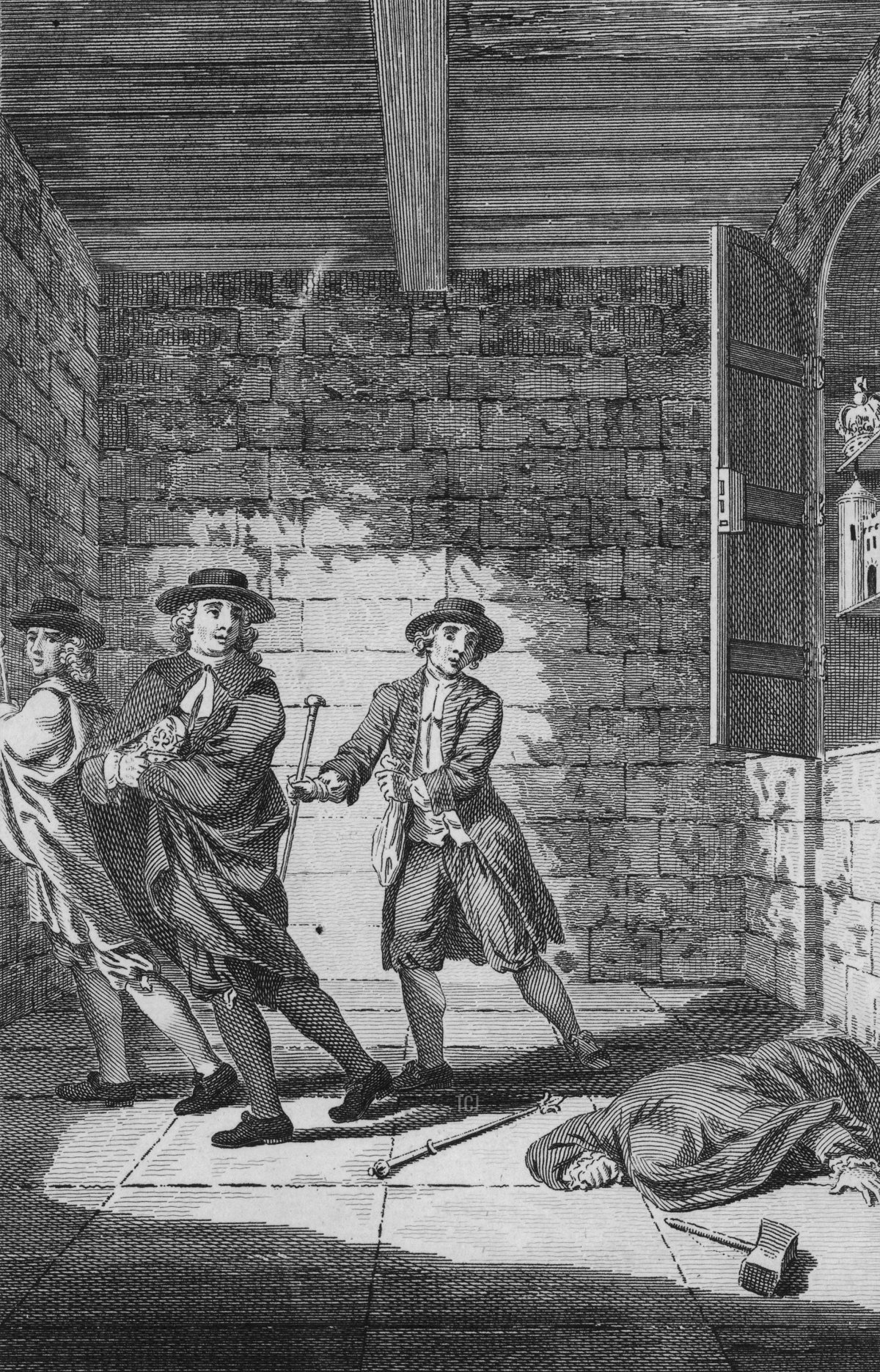 Dressed as a parson, Irish-born soldier and adventurer Colonel Thomas Blood (second from left) flees the Tower of London with St. Edward's Crown, part of the English Crown Jewels, hidden under his coat, 9th May 1671