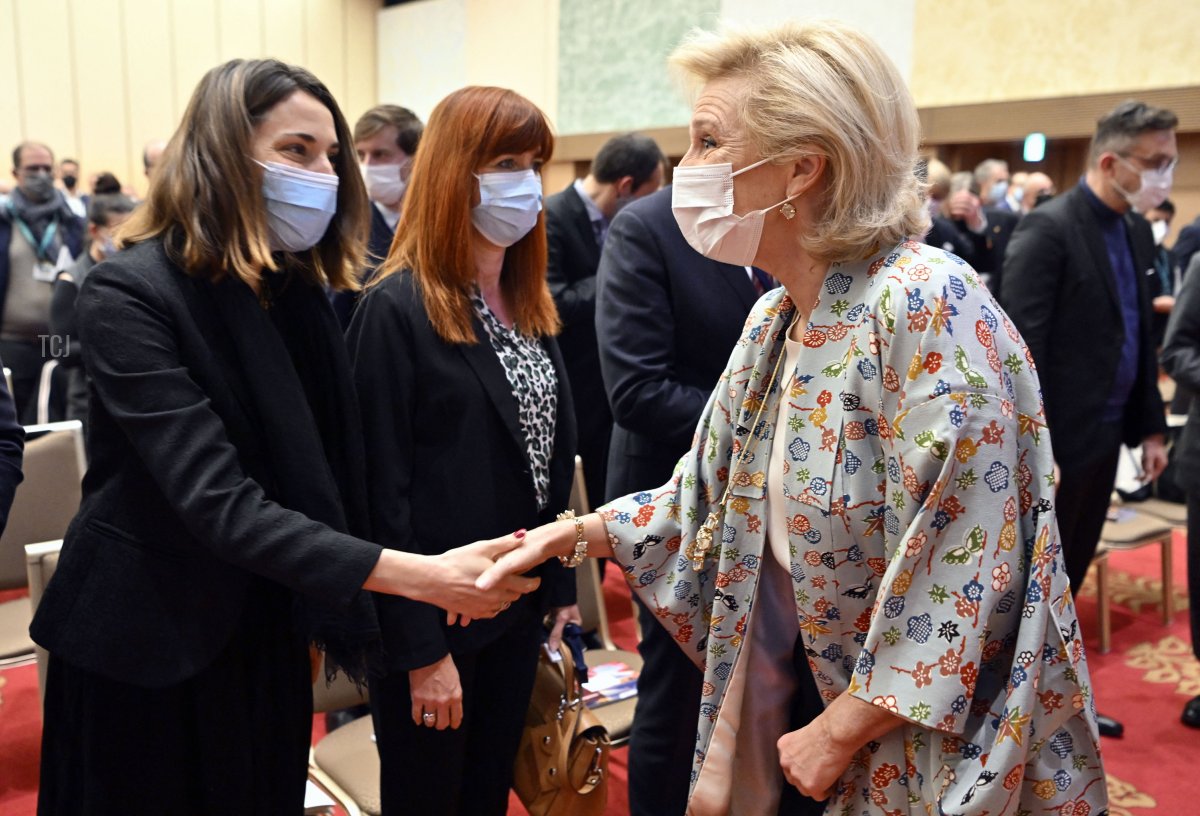 Hub Brussels CEO Isabelle Grippa and Princess Astrid of Belgium pictured during an information session and a welcome networking drink for the Belgian delegation, after the arrival in Japan for a Belgian Economic Mission, Sunday 04 December 2022 in Tokyo