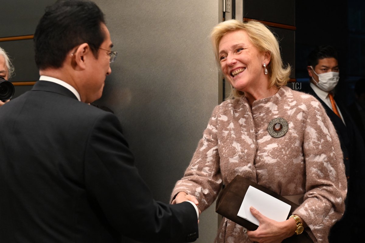Japan's Prime Minister Fumio Kishida (L) welcomes Princess Astrid of Belgium (R) ahead of the start of their meeting at the prime minister's official residence in Tokyo on December 5, 2022