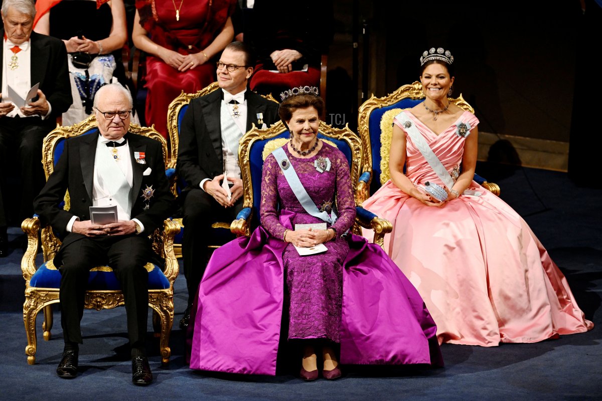 King Carl XVI Gustaf of Sweden (L), Crown Prince Daniel of Sweden, Queen Silvia of Sweden and Crown Princess Victoria of Sweden attend the Nobel Prize award ceremony at the Concert Hall in Stockholm, Sweden on December 10, 2022