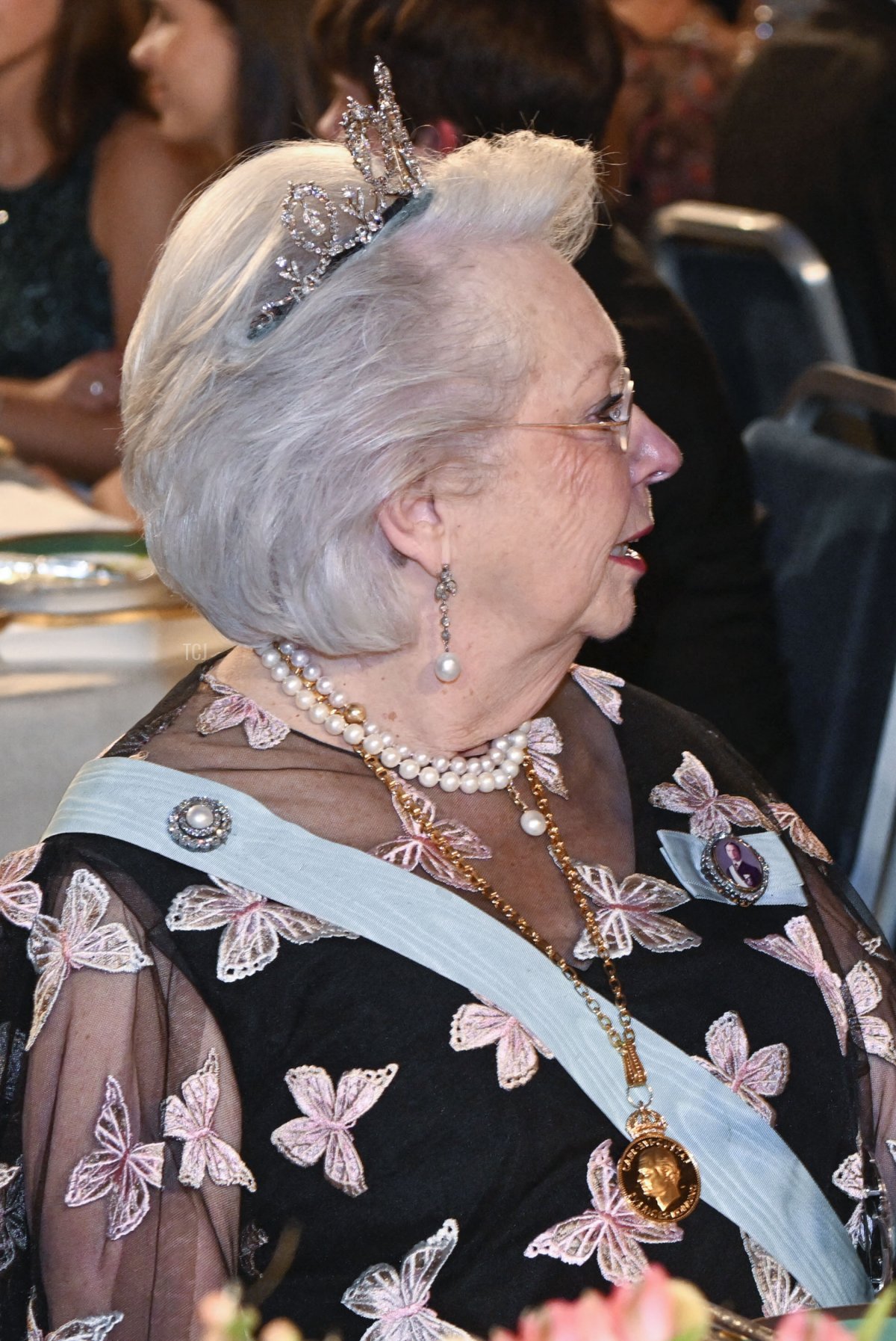 Princess Christina of Sweden and Nobel Prize in Chemistry 2022 laureate US chemist K. Barry Sharpless talk during a royal banquet to honour the laureates of the Nobel Prize 2019 following the Award ceremony on December 10, 2022
