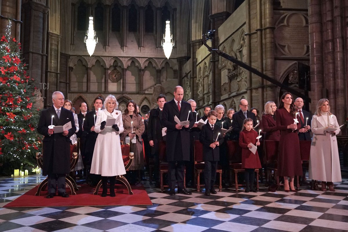 (Front row from L) Britain's King Charles III, Britain's Camilla, Queen Consort, Britain's Prince William, Prince of Wales, Britain's Prince George of Wales, Britain's Princess Charlotte of Wales, Britain's Catherine, Princess of Wales and Britain's Sophie, Countess of Wessex attend the "Together At Christmas Carol Service" at Westminster Abbey, in London, on December 15, 2022
