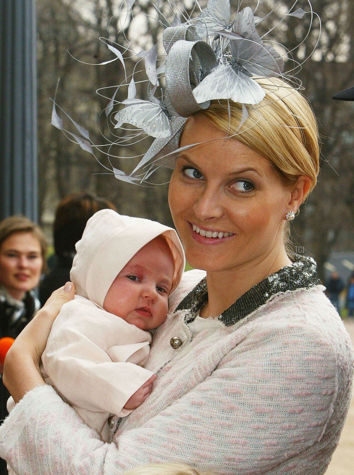 Crown Princess Mette-Marit holding Princess Ingrid Alexandra as they arrive at the christening of Princess Ingrid Alexandra - daughter of Crown Prince Haakon and Crown Princess Mette-Marit - at the chapel inside The Royal Palace on April 17, 2004 in Oslo, Norway