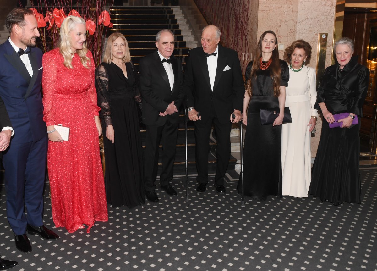 Nobel Peace Price recipients represented by Belarusian Natallia Pinchuk, wife of Laureate Ales Bialiatski, Chairman of the International Memorial Board Russian Jan Rachinsky and Ukrainian Oleksandra Matviichuk, Head of the Center For Civil Liberties and Norwegian Royals Crown Prince Haakon, Crown Princess Mette- Marit, King Harald and Queen Sonja attend the Nobel Peace Prize Banquet 2022 at the Grand Hotel on December 10, 2022 in Oslo, Norway
