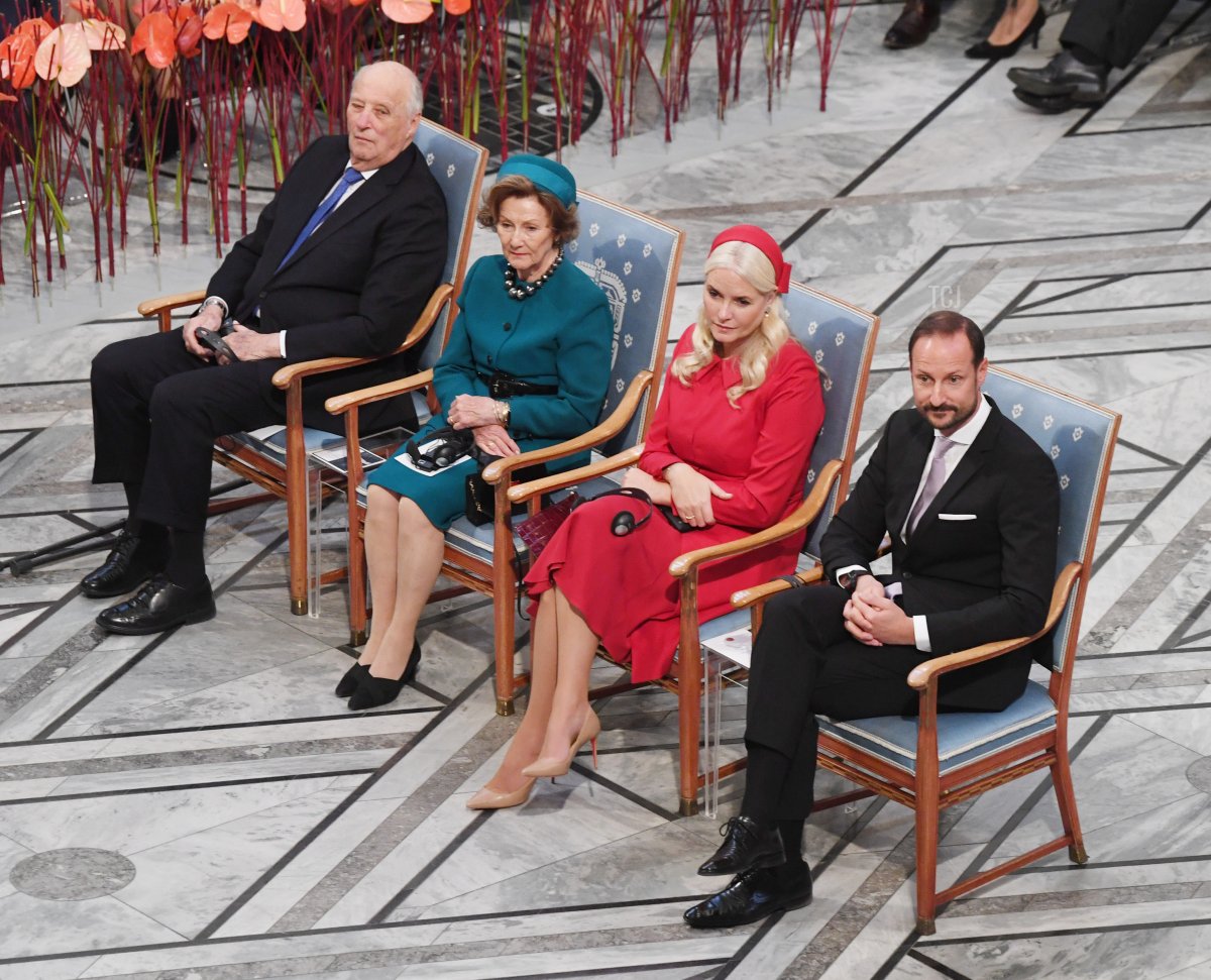 Queen Sonja, King Harald, Crown Prince Haakon and Crown Princess Mette- Marit attend the Nobel Peace Prize Ceremony 2022 at the City Hall on December 10, 2022 in Oslo, Norway