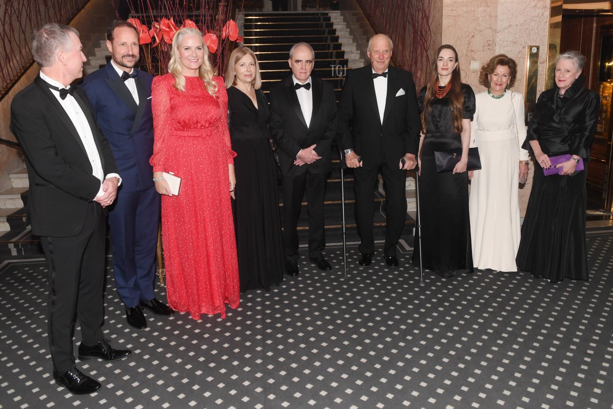 Nobel Peace Price recipients represented by Belarusian Natallia Pinchuk, wife of Laureate Ales Bialiatski, Chairman of the International Memorial Board Russian Jan Rachinsky and Ukrainian Oleksandra Matviichuk, Head of the Center For Civil Liberties and Norwegian Royals Crown Prince Haakon, Crown Princess Mette- Marit, King Harald and Queen Sonja attend the Nobel Peace Prize Banquet 2022 at the Grand Hotel on December 10, 2022 in Oslo, Norway