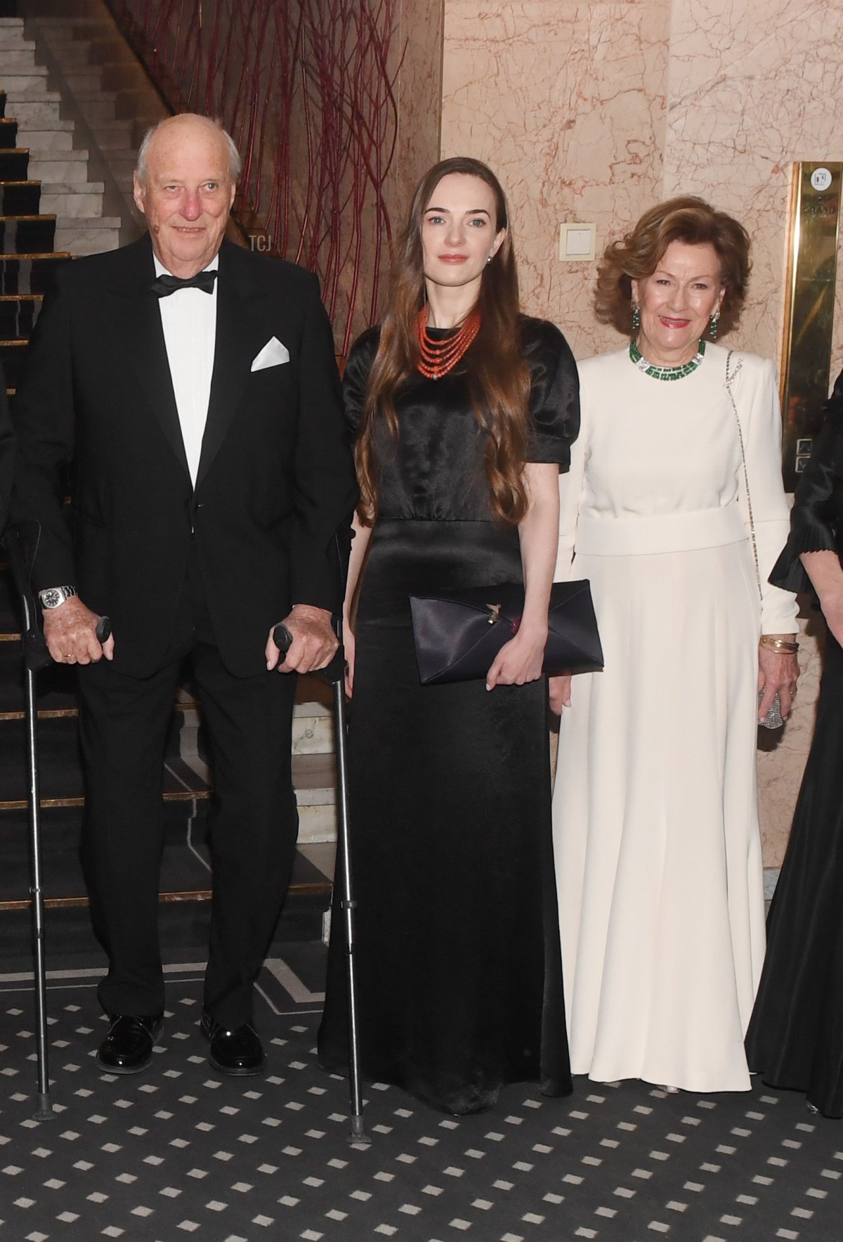 Nobel Peace Price recipients represented by Belarusian Natallia Pinchuk, wife of Laureate Ales Bialiatski, Chairman of the International Memorial Board Russian Jan Rachinsky and Ukrainian Oleksandra Matviichuk, Head of the Center For Civil Liberties and Norwegian Royals Crown Prince Haakon, Crown Princess Mette- Marit, King Harald and Queen Sonja attend the Nobel Peace Prize Banquet 2022 at the Grand Hotel on December 10, 2022 in Oslo, Norway