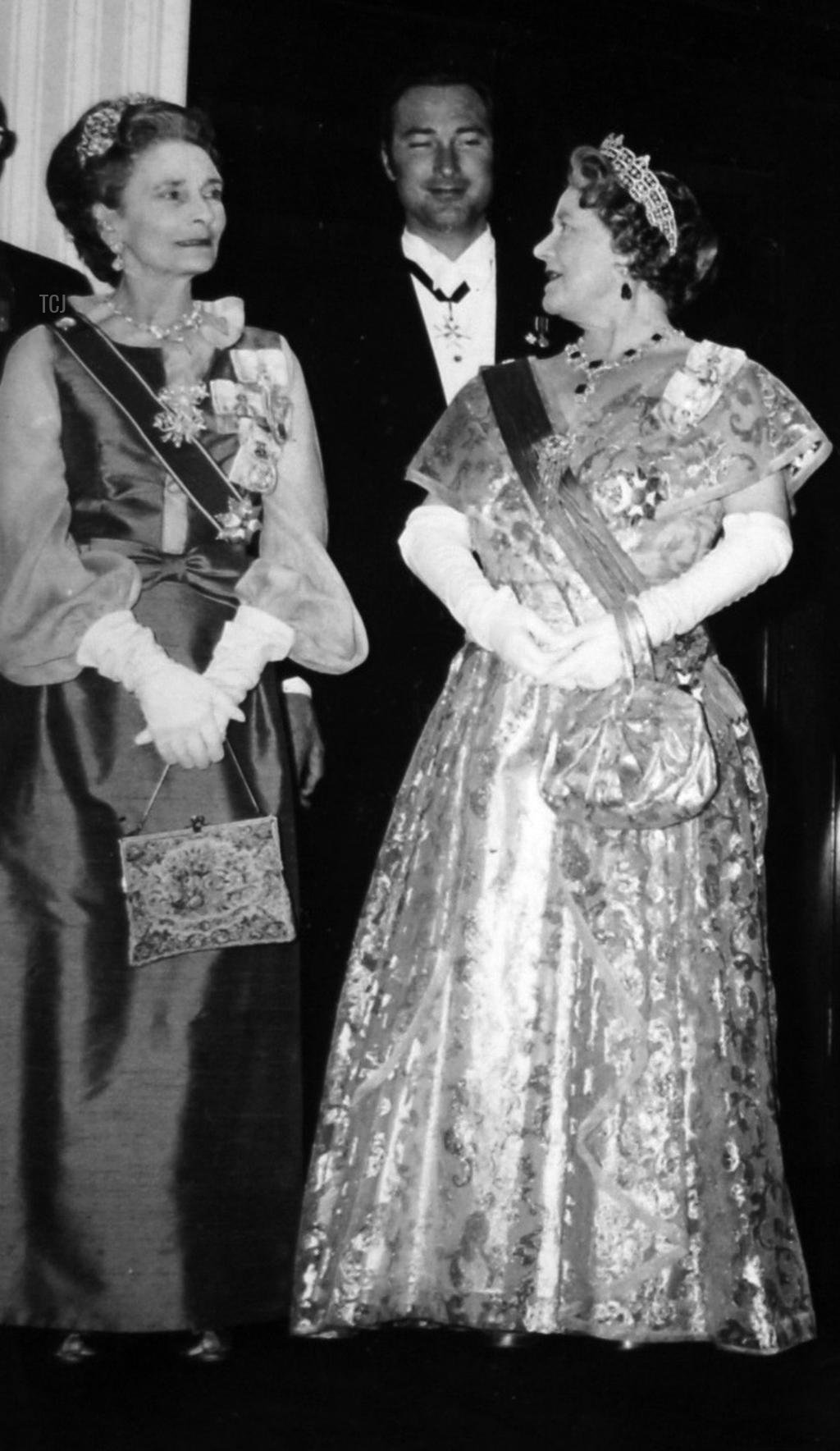 Queen Juliana and Prince Bernhard of the Netherlands with British Royal guests at the banquet they gave at Carpenters' Hall in the City for the Queen and Duke of Edinburgh, April 1972