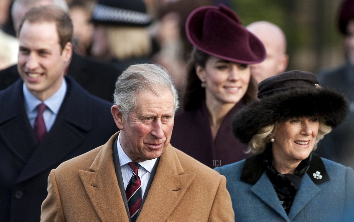 Britain's Prince Charles (2ndL) and Camilla, Duchess of Cornwall (R), Catherine, Duchess of Cambridge (back,R) and Prince William (back, L) arrive to attend the Royal family Christmas Day church service at St Mary Magdalene Church in Sandringham, Norfolk, eastern England, on December 25, 2011