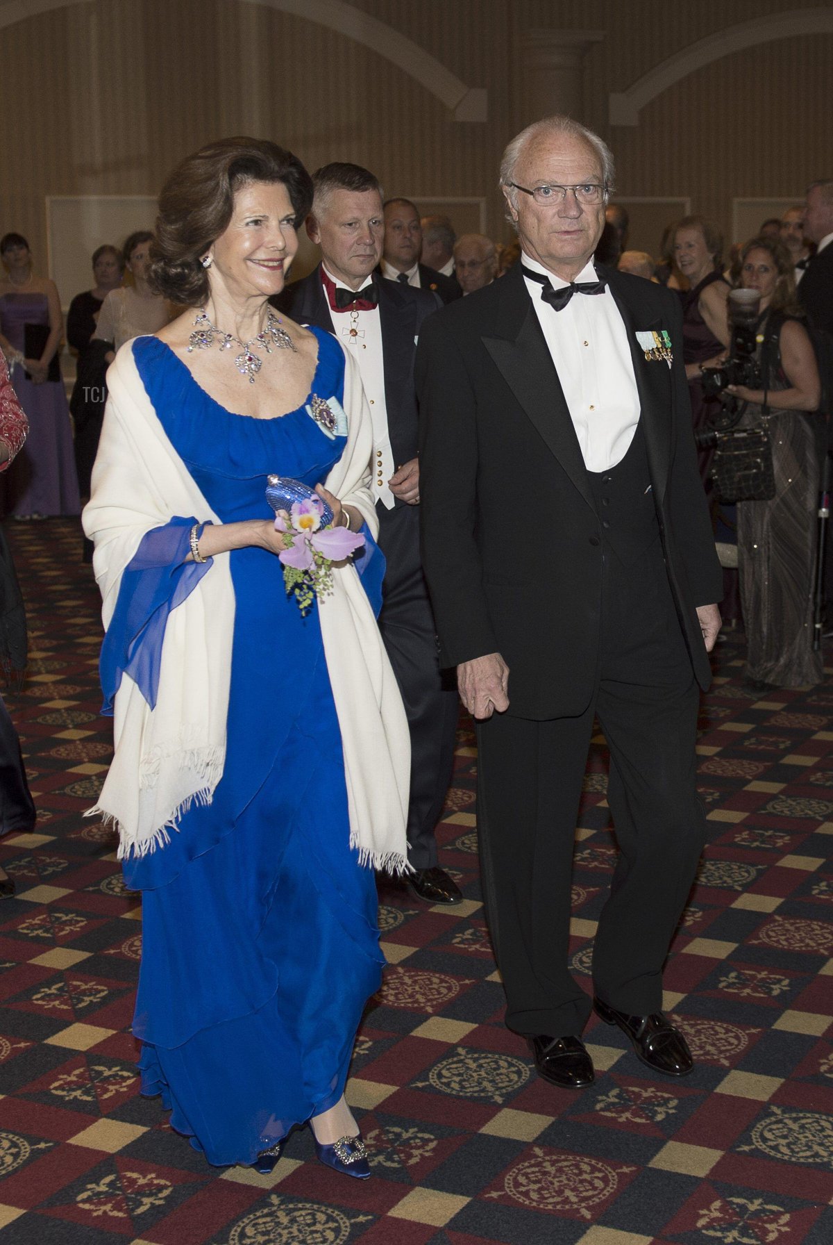 Queen Silvia and King Carl Gustaf arrive to a jubilee gala dinner to celebrate the 375th anniversary of the founding of the New Sweden Colony in Wilmington, Delaware May 11, 2013