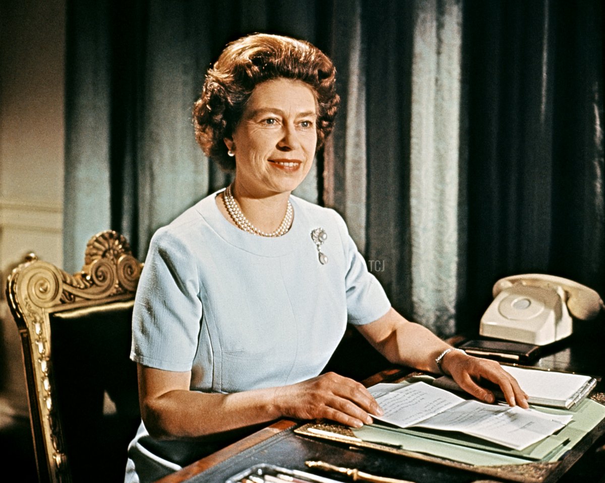 Portrait of Queen Elizabeth II taken at Buckingham Palace during the recording of her Christmas message to the Commonwealth which was shown on TV on Christmas day, December 1971