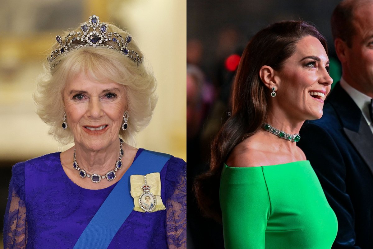 Camilla in the Queen's Sapphires, Kate in the Royal Emeralds