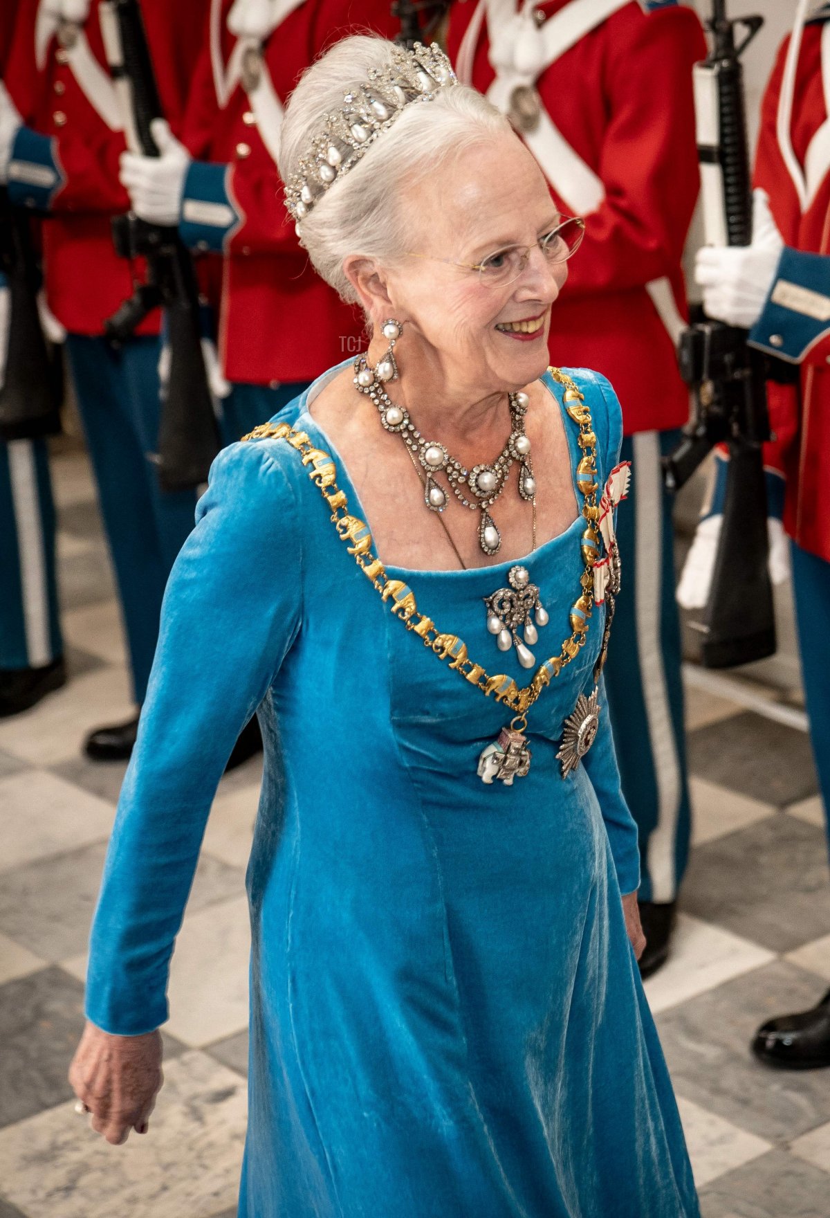 Queen Margrethe II of Denmark reviews an honour guard as she arrives to the gala banquet at Christiansborg Palace on September 11, 2022, during celebrations to mark the 50th anniversary of her accession to the throne (MADS CLAUS RASMUSSEN/Ritzau Scanpix/AFP via Getty Images)