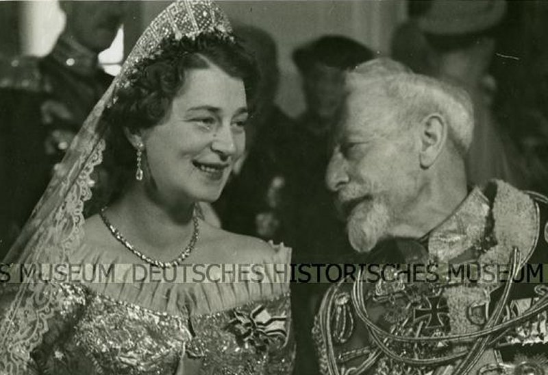 Grand Duchess Kira, with Kaiser Wilhelm II, on her wedding day at Huis Doorn, 1938 (Wikimedia Commons)
