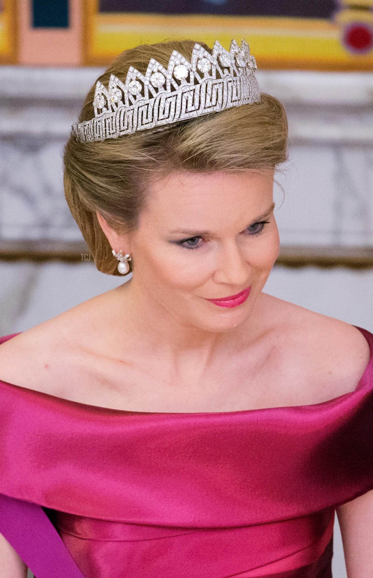 Queen Mathilde of the Belgians attends the gala dinner for the Danish Queen Margrethe's 75th birthday at Christiansborg Palace in Copenhagen, Denmark, 15 April 2015 (DPA Picture Alliance/Alamy)