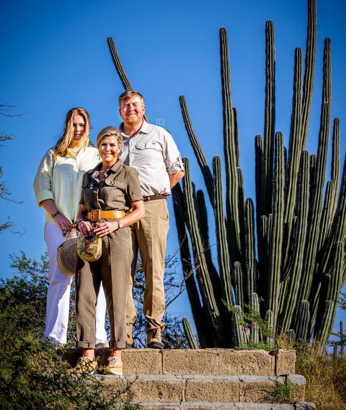 King Willem-Alexander, Queen Maxima, and Princess Amalia of the Netherlands hiking at National Park Arikok on day four of the Dutch royal family's tour of the Dutch Caribbean Islands on January 31, 2023 in Aruba (Patrick van Katwijk/Getty Images)