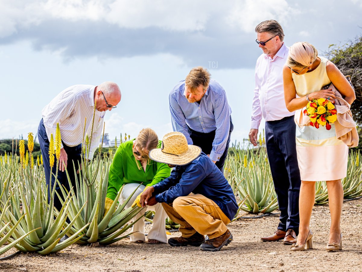 King Willem-Alexander, Queen Maxima, and Princess Amalia of the Netherlands visit Royal Aruba Aloe, the oldest aloe company in the world, on day four of the Dutch royal family's tour of the Dutch Caribbean Islands on January 31, 2023 in Aruba (Patrick van Katwijk/Getty Images)