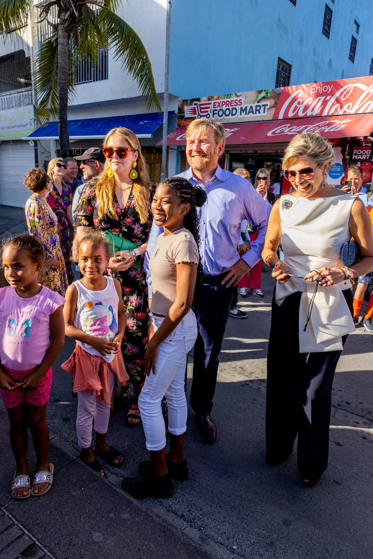 Princess Amalia, King Willem-Alexander, and Queen Maxima of the Netherlands visit the historical center of Philipsburg and the Boardwalk during the Dutch royal family's tour of the Dutch Caribbean Islands on February 6, 2023 in Sint Maarten (Patrick van Katwijk/Getty Images)