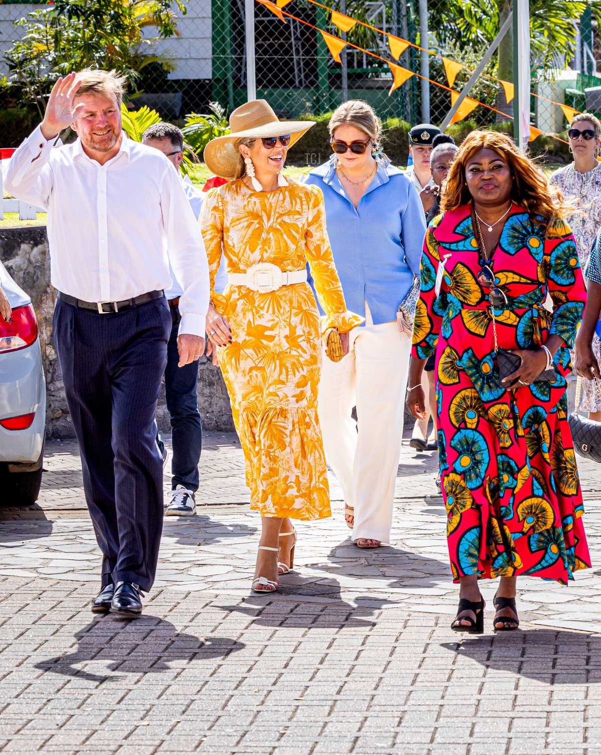 King Willem-Alexander, Queen Maxima, and Princess Amalia of the Netherlands visit the historical city center during the Dutch royal family's tour of the Dutch Caribbean Islands on February 8, 2023 in Sint Eustatius (Patrick van Katwijk/Getty Images)