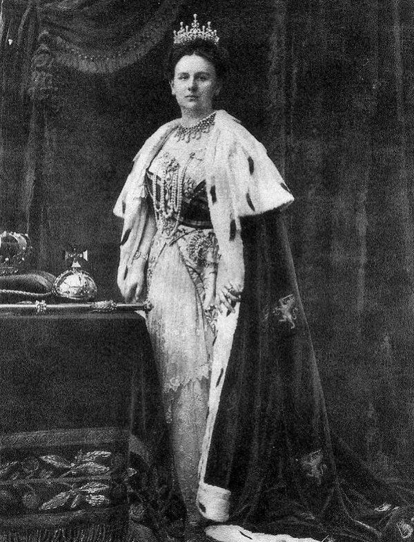 Queen Wilhelmina of the Netherlands in a formal state portrait, ca. early 1900s