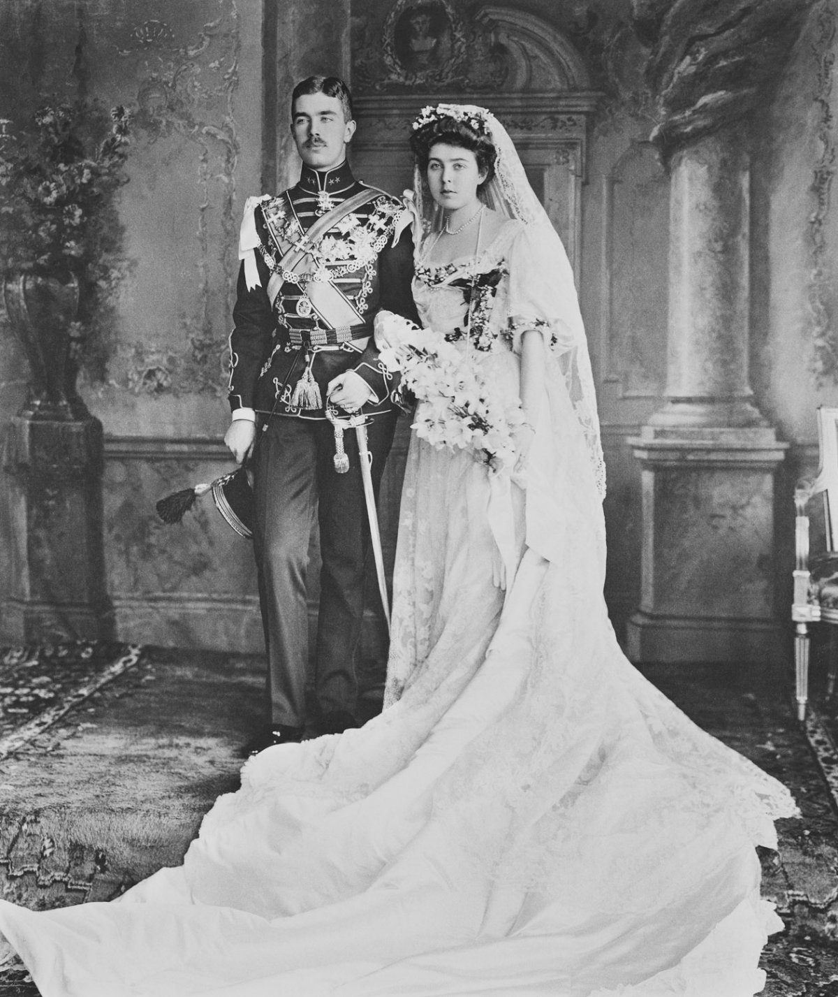 Wedding photo of Prince Gustaf Adolf of Sweden and Princess Margaret of Connaught, Windsor, June 1905 (Royal Collection)