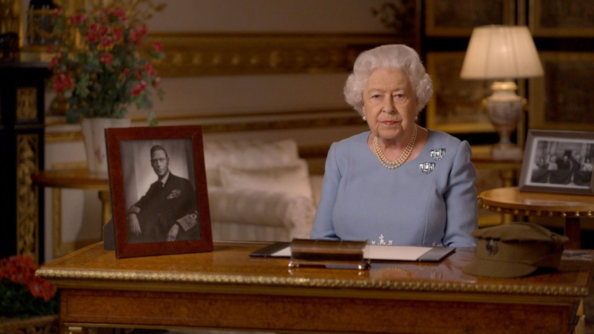 Queen Elizabeth II delivers a special televised address to mark the 75th anniversary of D-Day, May 2020 (Buckingham Palace)