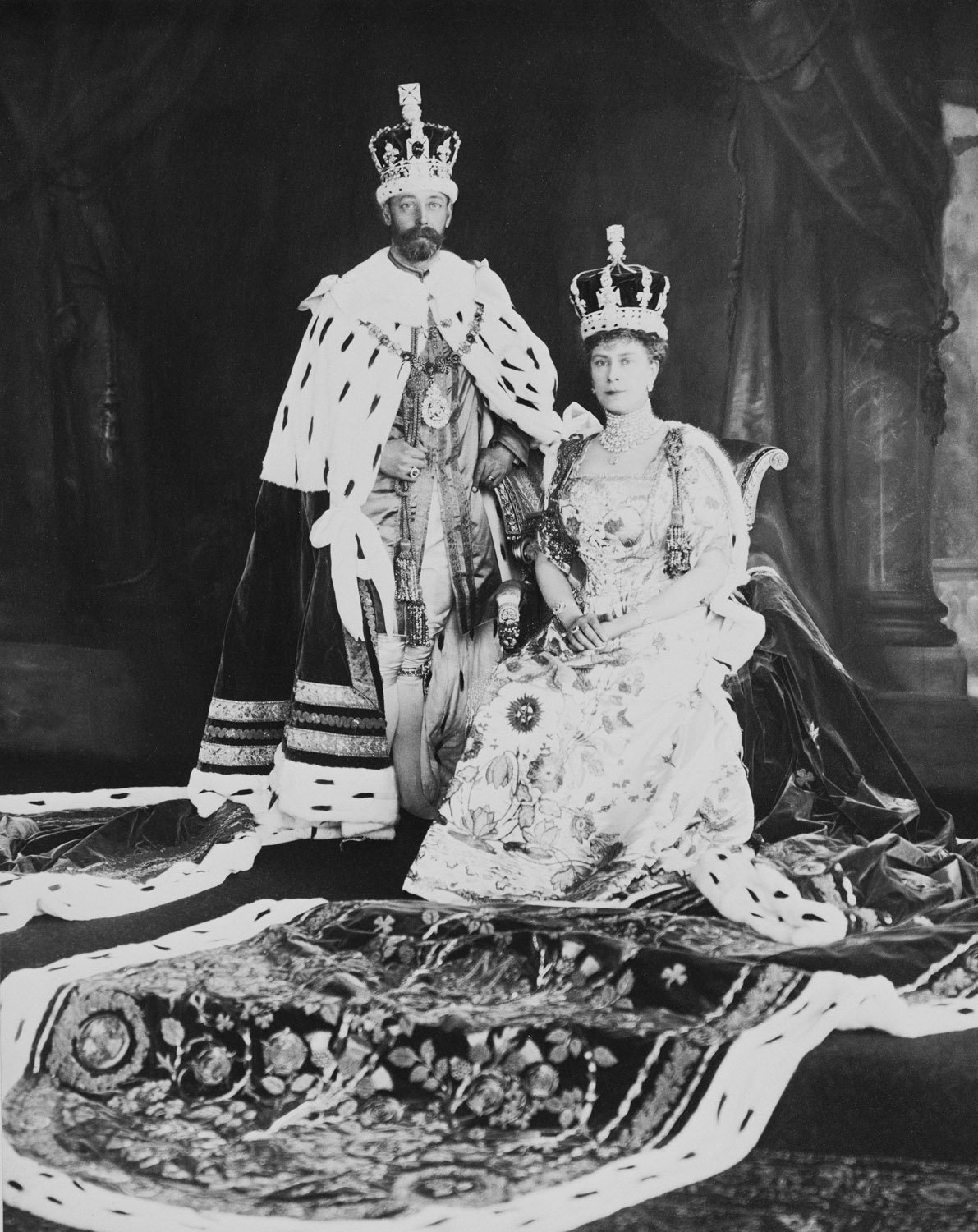 King George V and Queen Mary in their coronation robes in 1911, likely photographed by W&D Downey (Royal Collection)