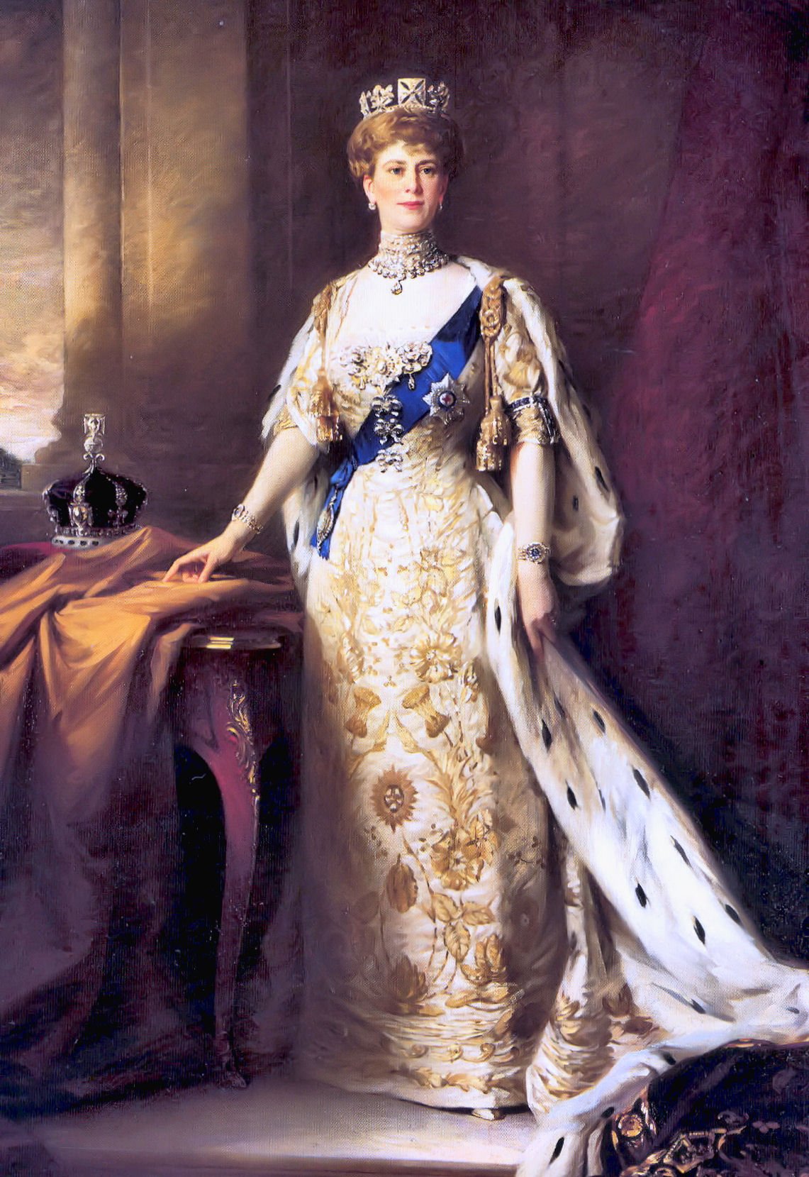 Queen Mary's coronation portrait, painted by Sir William Llewellyn, 1911. She wears King George IV's Diamond Diadem, and her own coronation crown rests on a cushion beside her (Royal Collection)