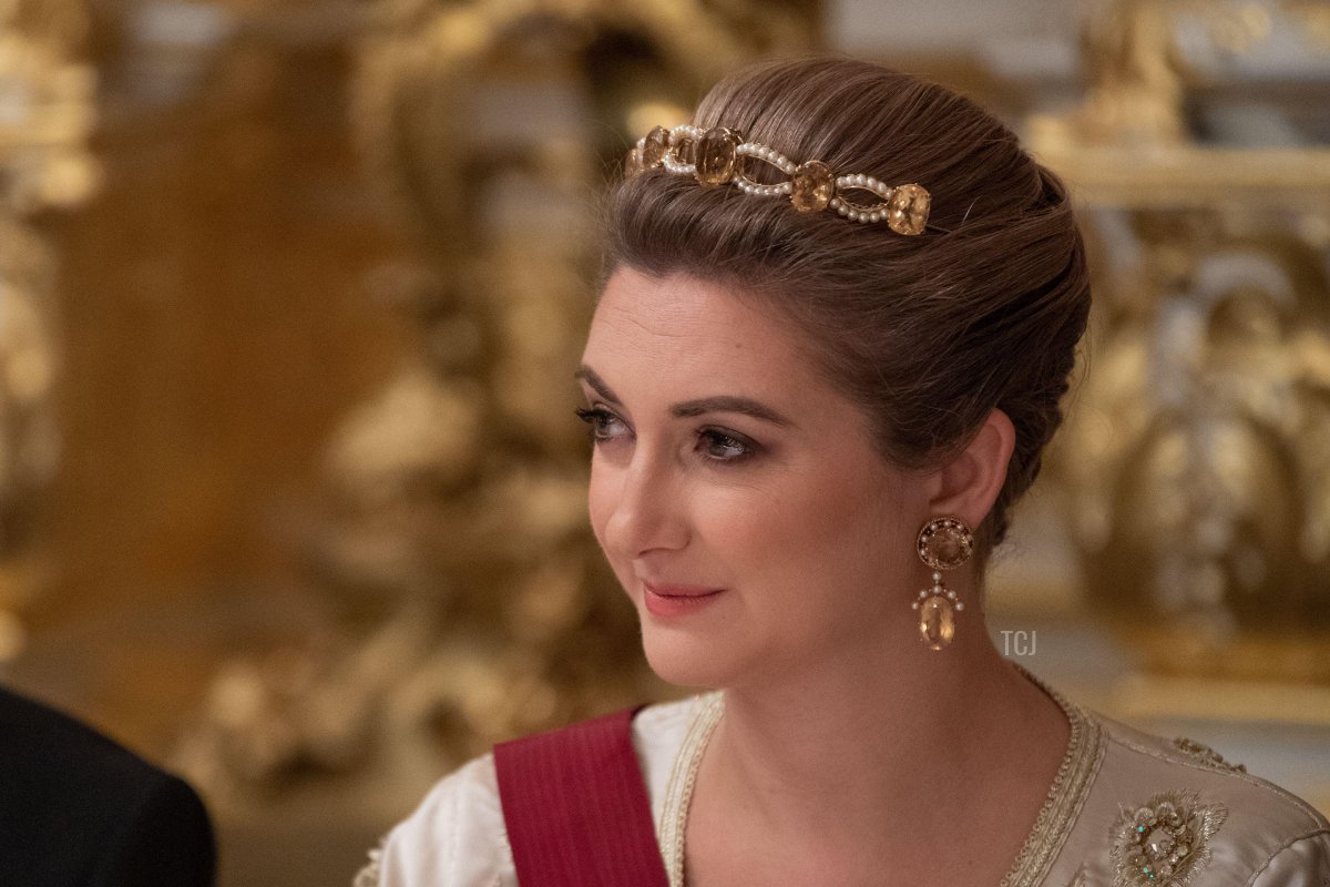 Hereditary Grand Duchess Stephanie of Luxembourg pictured at a State Banquet hosted by the Grand Duke in honor of Belgian King and Queen, on the first day of a three-day state visit of the Belgian royal couple to Luxembourg, Tuesday 15 October 2019 (CHRISTOPHE LICOPPE/Belga News Agency/Alamy)