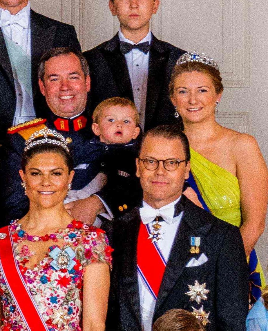 Hereditary Grand Duke Guillaume of Luxembourg, Prince Charles of Luxembourg, Hereditary Grand Duchess Stephanie of Luxembourg, Crown Princess Victoria of Sweden, and Prince Daniel of Sweden attend a birthday gala at the Royal Palace in Oslo for Princess Ingrid Alexandra of Norway, June 17, 2022 (HAAKON MOSVOLD LARSEN/NTB/AFP via Getty Images)