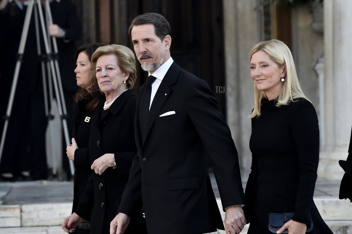 Queen Anne-Marie, Crown Prince Pavlos, and Crown Princess Marie-Chantal attend the 40-day Memorial Service for King Constantine II at the Metropolitan Cathedral on February 18, 2023 in Athens, Greece (Milos Bicanski/Getty Images)