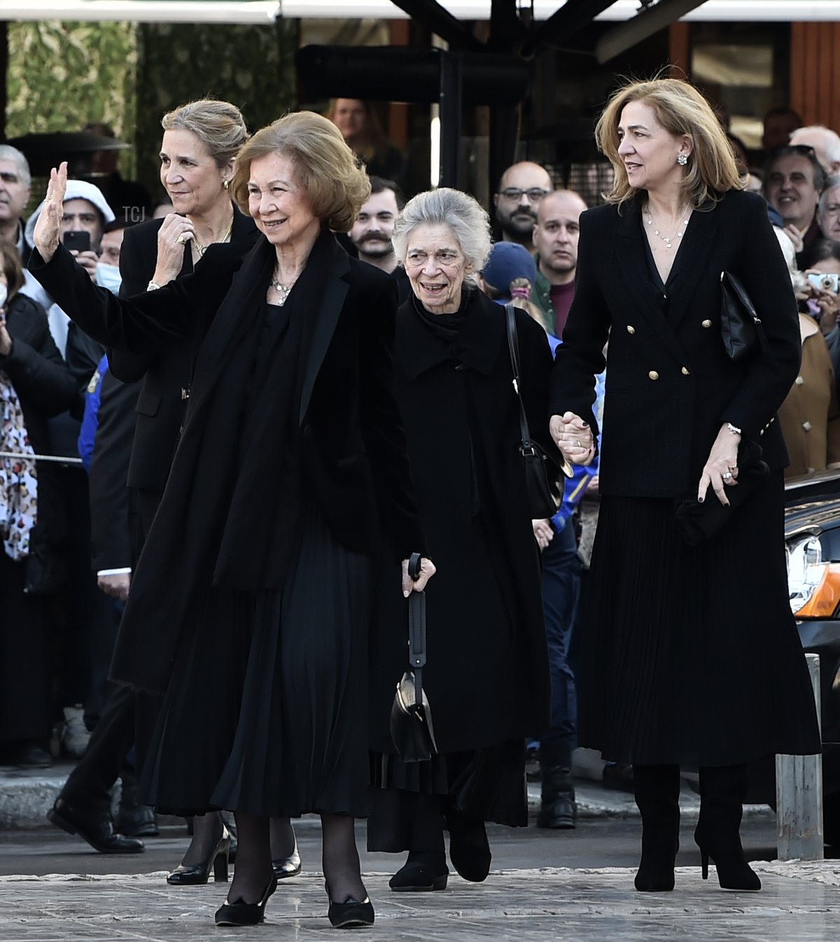 Infanta Elena, Queen Sofia, Princess Irene, and Infanta Cristina attend the 40-day Memorial Service for King Constantine II at the Metropolitan Cathedral on February 18, 2023 in Athens, Greece (Milos Bicanski/Getty Images)