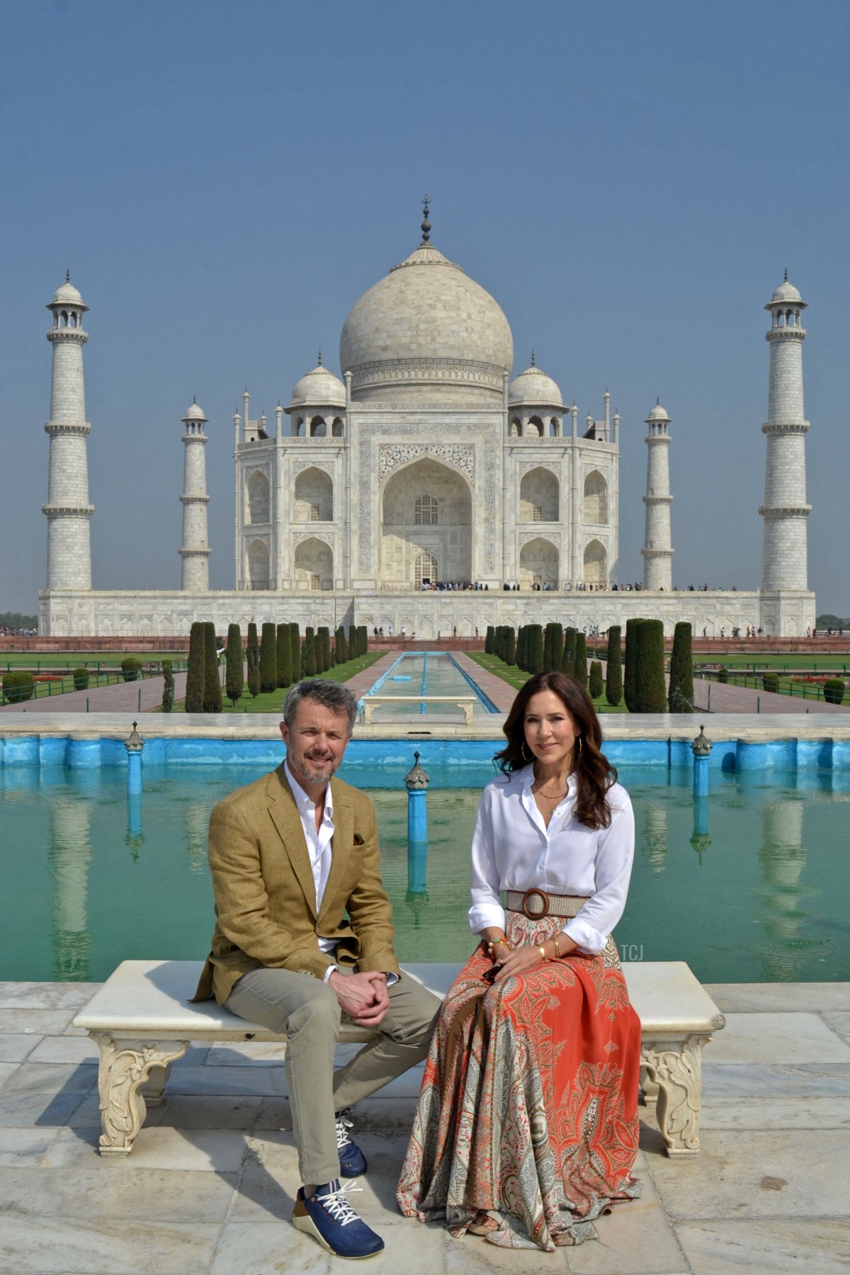 Denmark's Crown Prince Frederik and Crown Princess Mary pose for pictures in front of the Taj Mahal in Agra on February 26, 2023 (AFP via Getty Images)
