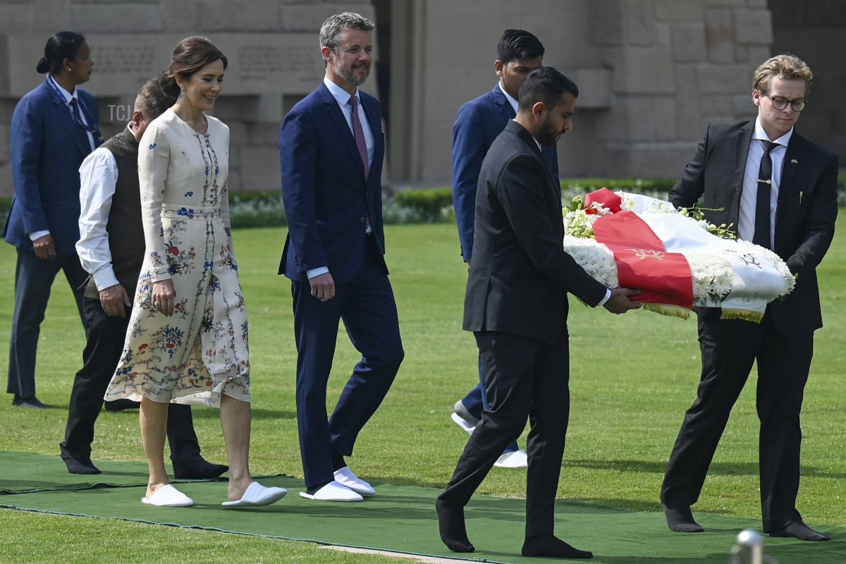 Denmark's Crown Prince Frederik and Crown Princess Mary arrive to place a wreath at the Mahatma Gandhi memorial at Rajghat in New Delhi on February 27, 2023 (MONEY SHARMA/AFP via Getty Images)