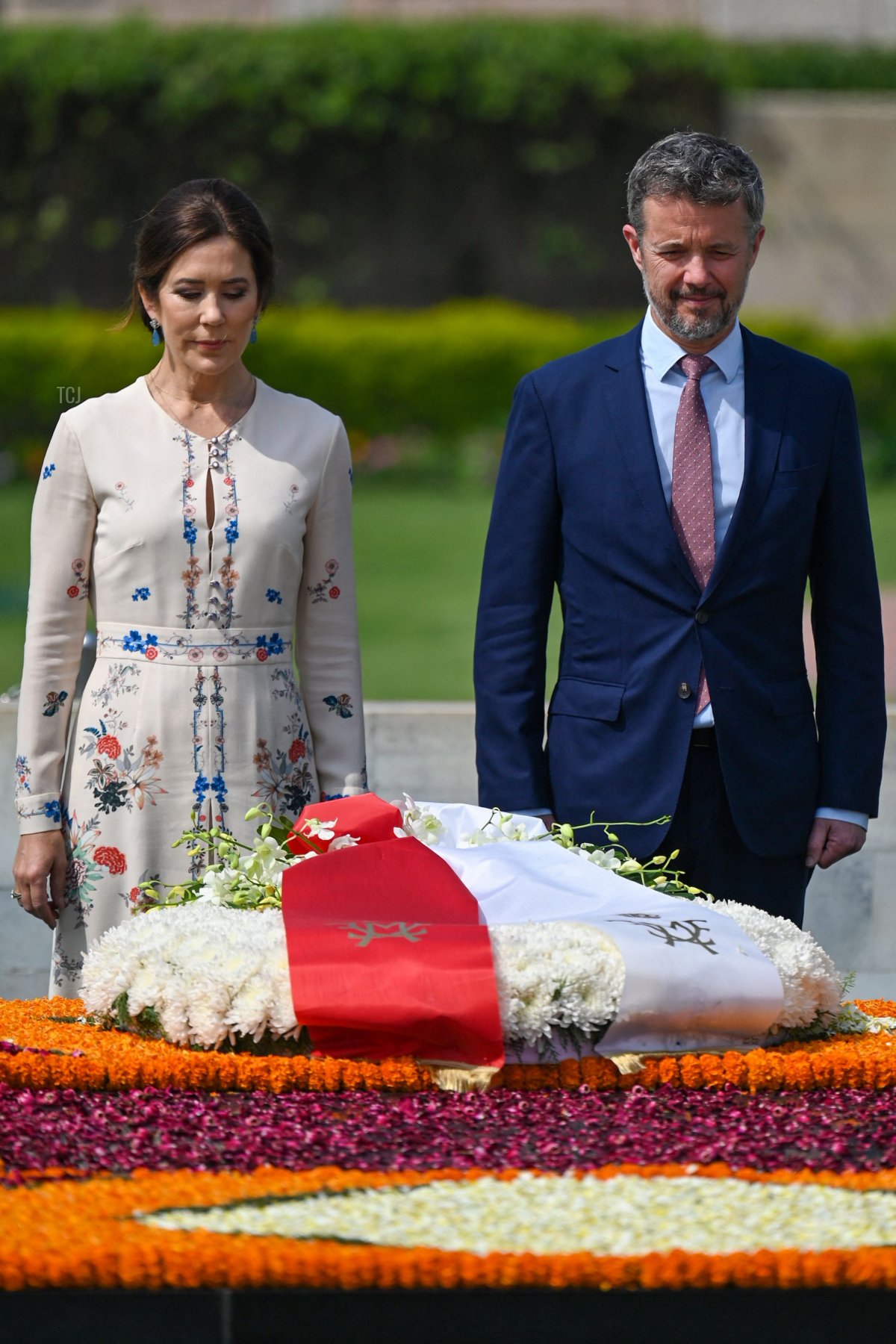 Denmark's Crown Prince Frederik and Crown Princess Mary stand after placing a wreath at the Mahatma Gandhi memorial at Rajghat in New Delhi on February 27, 2023 (MONEY SHARMA/AFP via Getty Images)