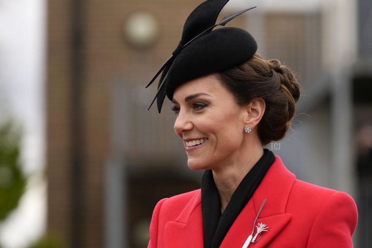 The Princess of Wales smiles during a visit to the 1st Battalion Welsh Guards at Combermere Barracks for the St David’s Day Parade on March 1, 2023 in Windsor, England (Alastair Grant - WPA Pool/Getty Images)