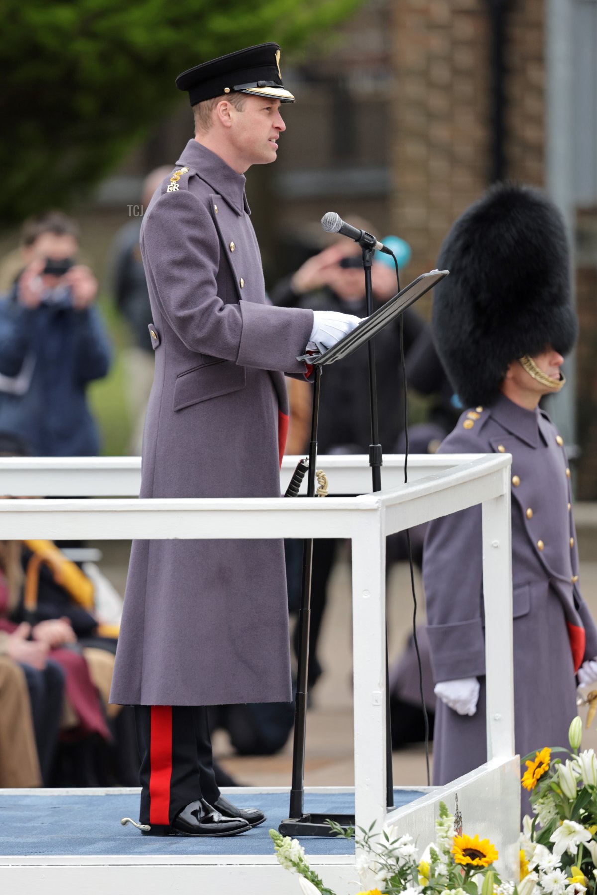 The Prince of Wales speaks at a lectern during a visit to the 1st Battalion Welsh Guards at Combermere Barracks for the St David’s Day Parade on March 01, 2023 in Windsor, England (Chris Jackson/Getty Images)