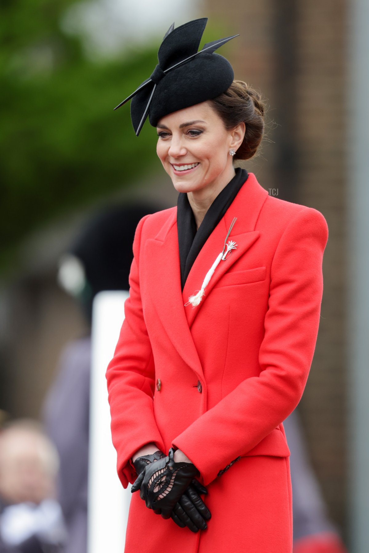 The Princess of Wales wearing the traditional Leek during the Leek giving ceremony during a visit to the 1st Battalion Welsh Guards at Combermere Barracks for the St David’s Day Parade on March 01, 2023 in Windsor, England (Chris Jackson/Getty Images)