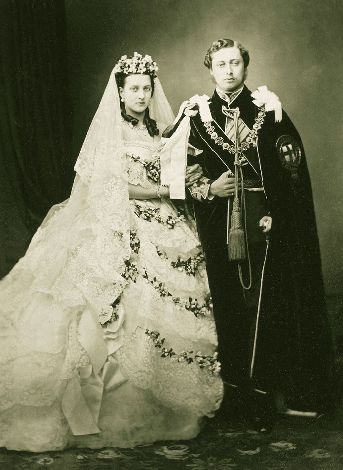 Wedding photograph of King Edward VII and Queen Alexandra, then Prince and Princess of Wales, March 1863 (John Jabez Edwin Mayall/Royal Collection)