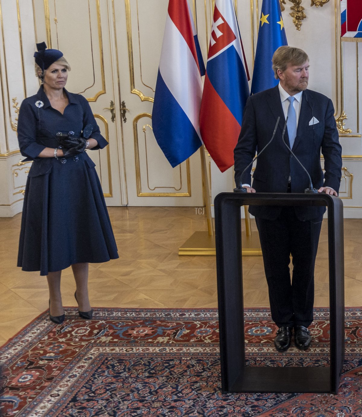 Queen Maxima of the Netherlands looks on as President Zuzana Caputova of Slovakia (not seen) and King Willem-Alexander of the Netherlands give a media briefing at the Presidential Palace in Bratislava, Slovakia, on March 7, 2023 (TOMAS BENEDIKOVIC/AFP via Getty Images)