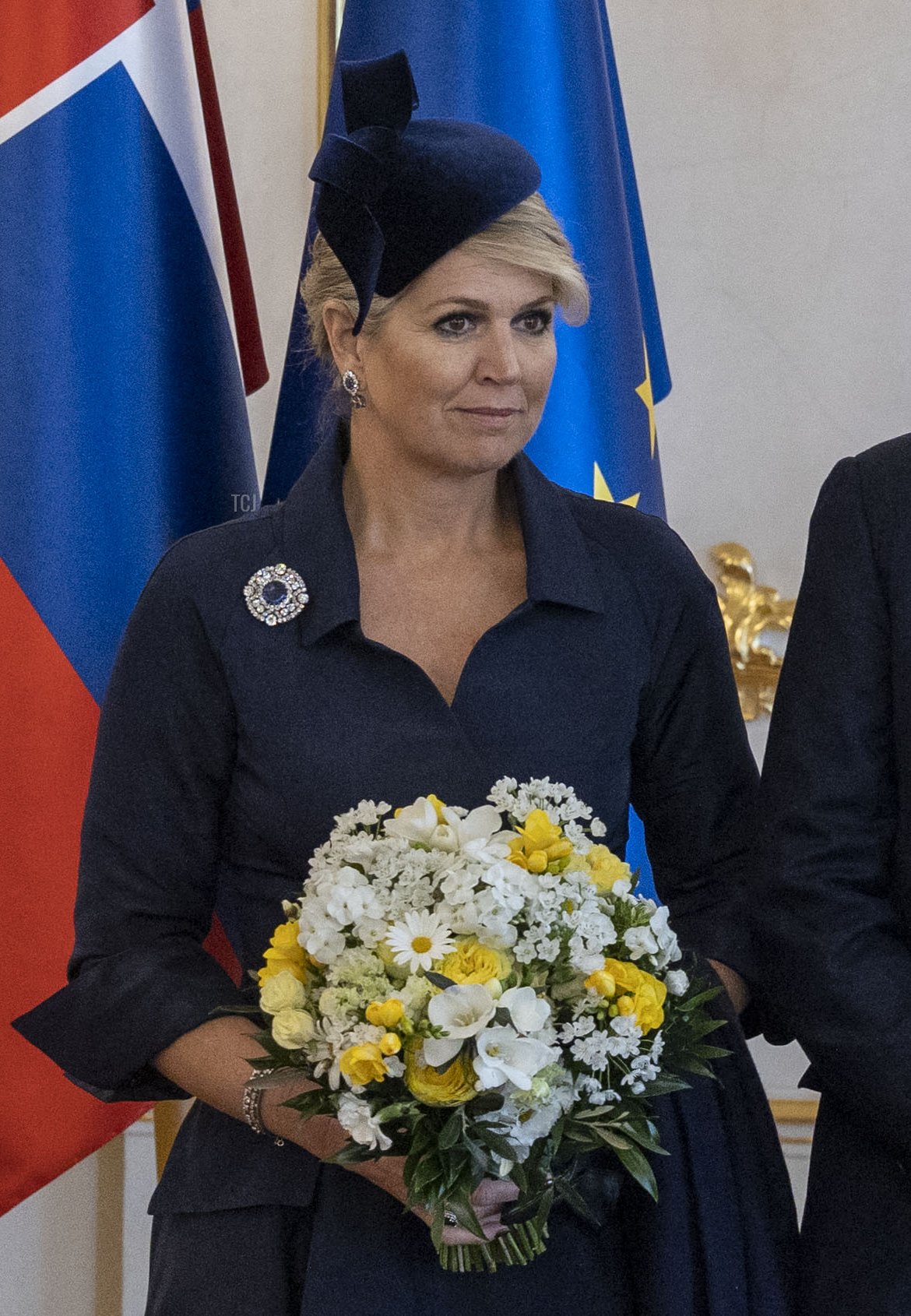 Queen Maxima of the Netherlands poses for a photo during a welcome ceremony at the Presidential Palace in Bratislava, Slovakia, on March 7, 2023 (TOMAS BENEDIKOVIC/AFP via Getty Images)