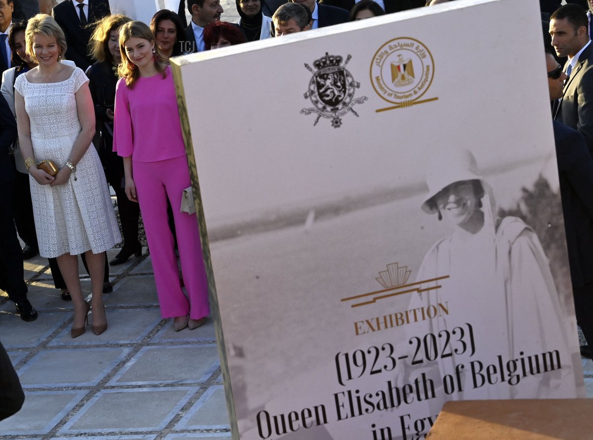 The Queen of the Belgians and the Duchess of Brabant are pictured at a royal visit to the exhibition 'Queen Elisabeth' at the Baron Empain Palace in Cairo, Egypt, March 14, 2023 (ERIC LALMAND/BELGA MAG/AFP via Getty Images)