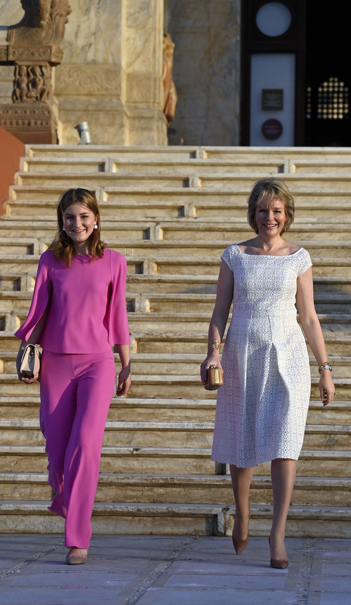 The Queen of the Belgians and the Duchess of Brabant are pictured at a royal visit to the exhibition 'Queen Elisabeth' at the Baron Empain Palace in Cairo, Egypt, March 14, 2023 (ERIC LALMAND/BELGA MAG/AFP via Getty Images)