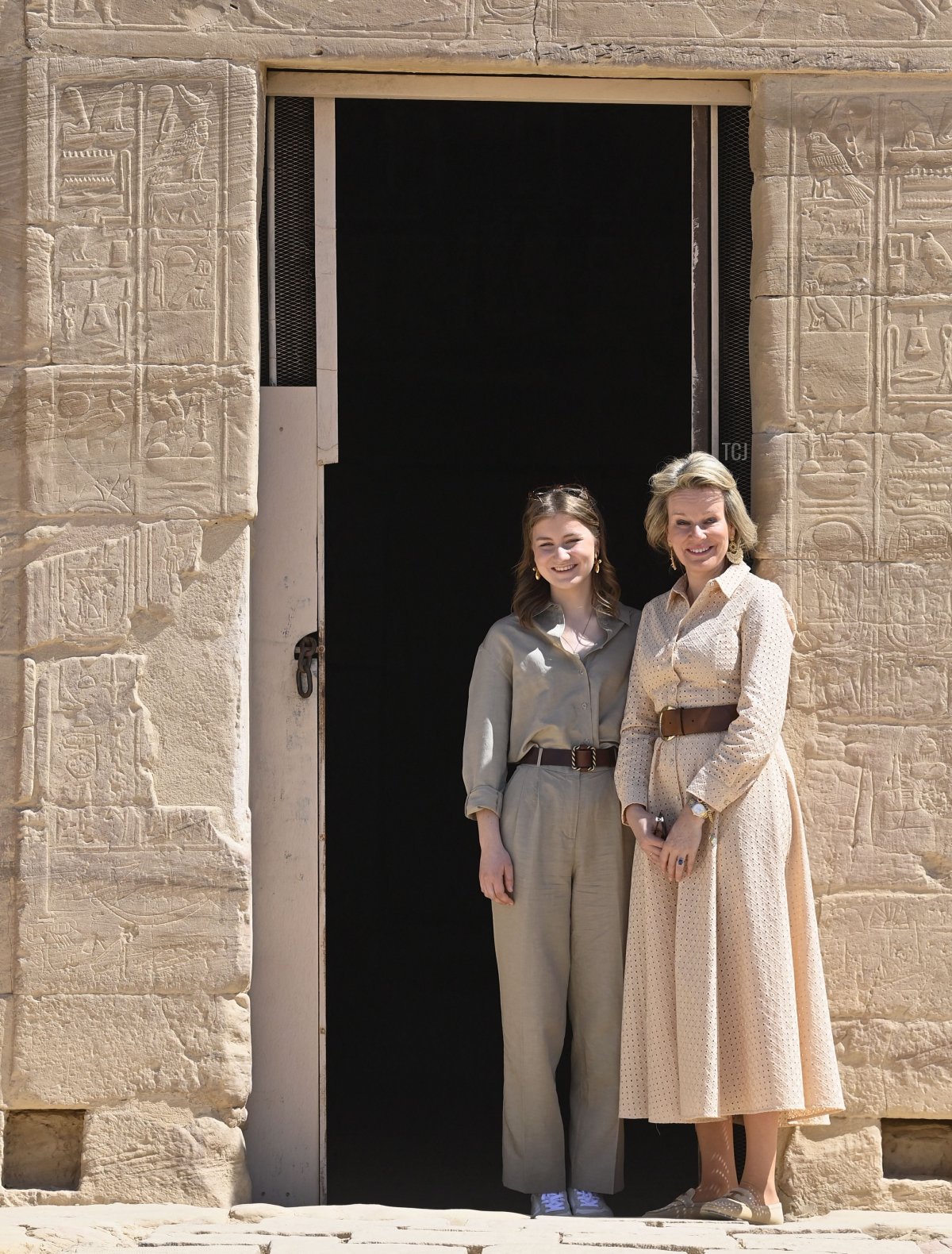The Queen of the Belgians and the Duchess of Brabant visit the temple of Amenhotep III at the archeological site of El Kab, Egypt, March 15, 2023 (ERIC LALMAND/BELGA MAG/AFP via Getty Images)