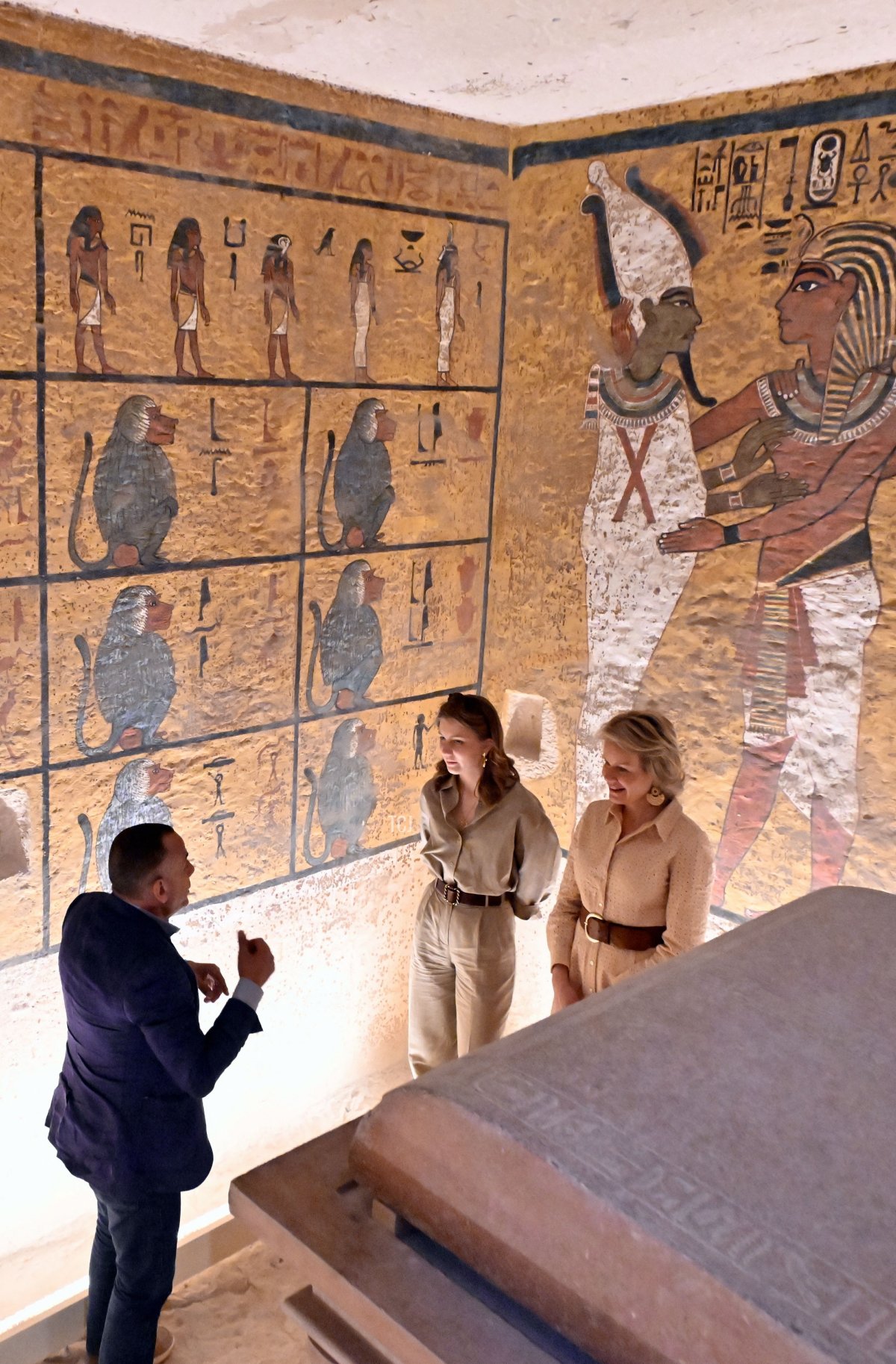 The Queen of the Belgians and the Duchess of Brabant are pictured during a visit to the Tomb of Tutankhamon in the Valley of the Kings in Luxor, Egypt, March 15, 2023 (ERIC LALMAND/BELGA MAG/AFP via Getty Images)