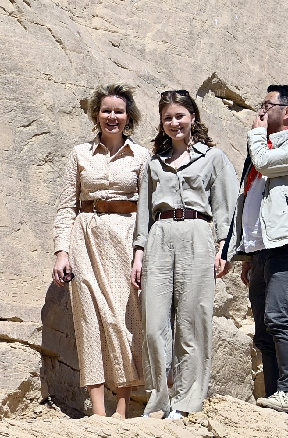 The Queen of the Belgians and the Duchess of Brabant are pictured during a visit to Vulture Rock at the archeological site of El Kab, Egypt, March 15, 2023 (ERIC LALMAND/BELGA MAG/AFP via Getty Images)